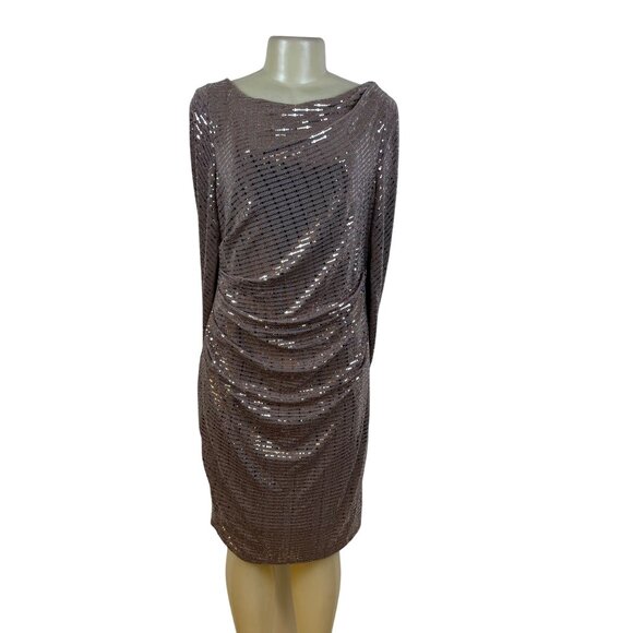 R&M Richard’s Brown Sequin Cocktail Dress Long Sleeve Drape Detail Shift Sz 14 - Picture 1 of 9